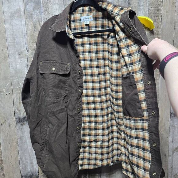 Carhartt Men's Plaid Lined Heavy Canvas Snap Up Long Shirt Jacket Shacket Brown - Picture 4 of 6
